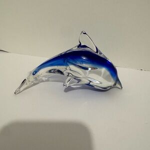 Marino Style Cobalt Blue Clear Art Glass Dolphin Paperweight Decor